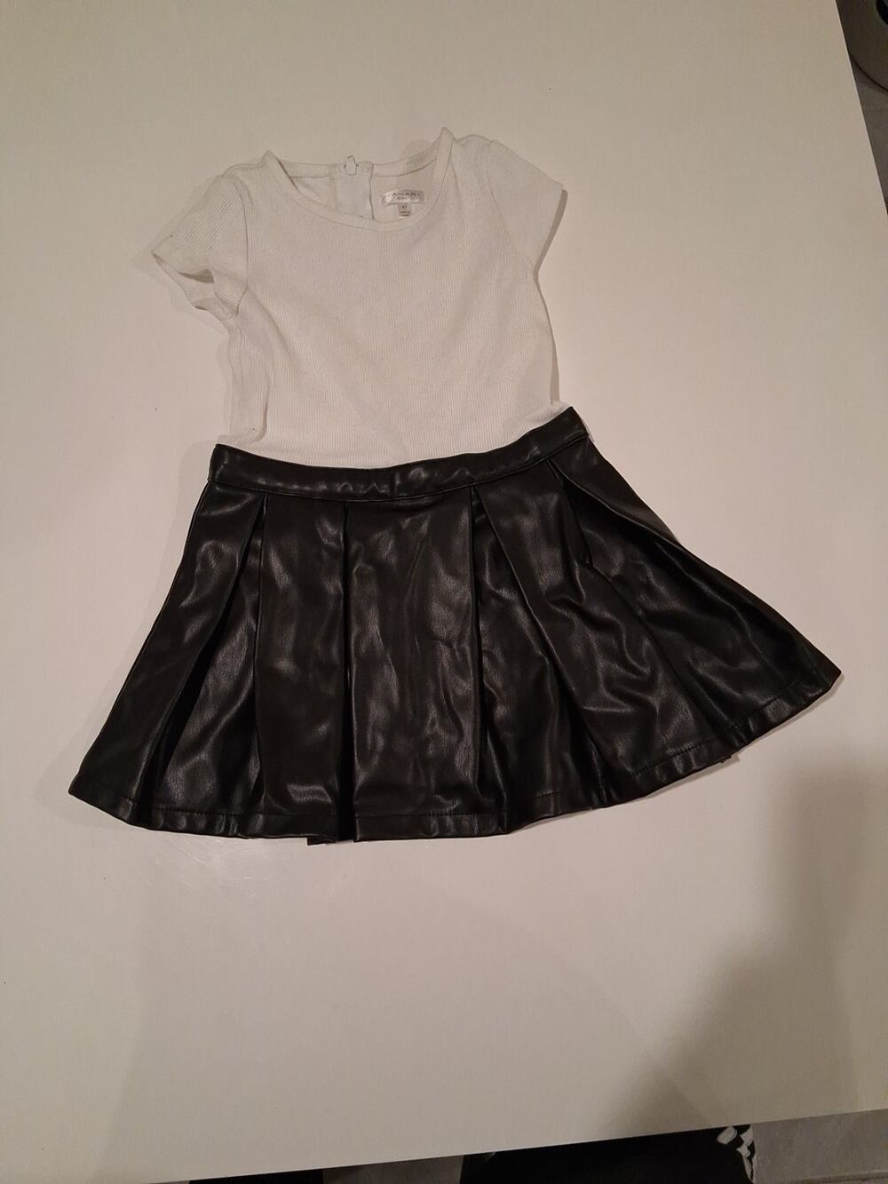 Tahari Girl 4T Dress White Top Black Faux Leather Pleated Skater One Piece
